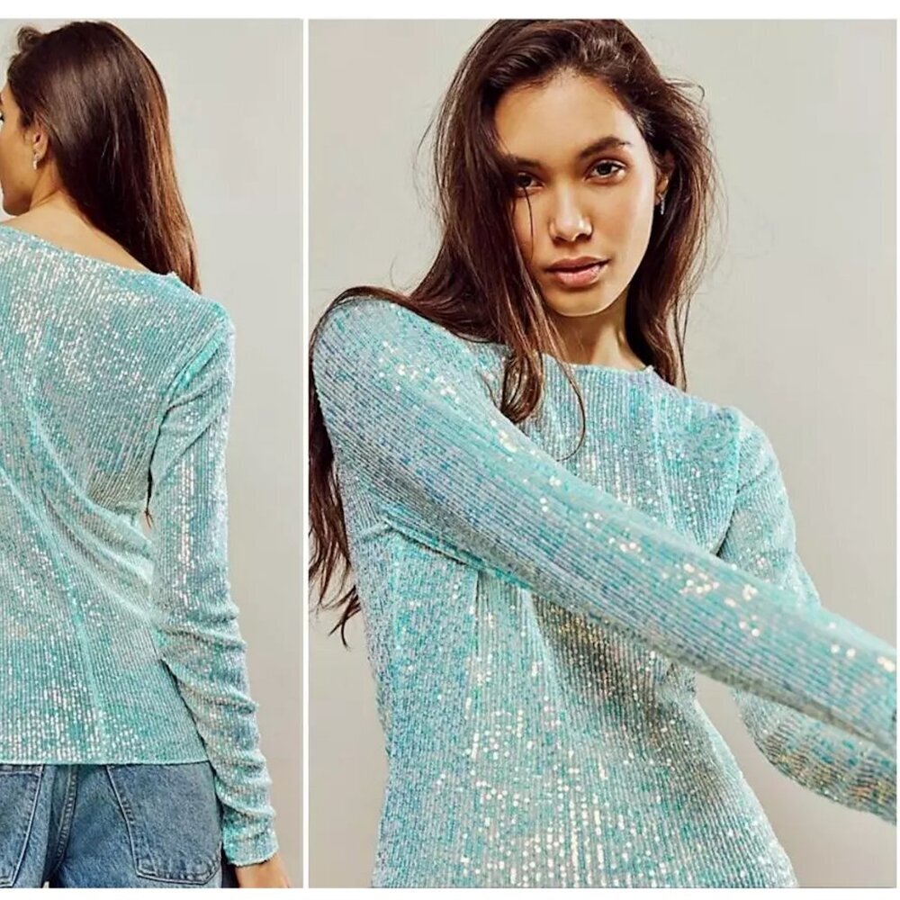NWT New Free People Gold Rush Long Sleeve Sequins Aruba Blue Top Size XS